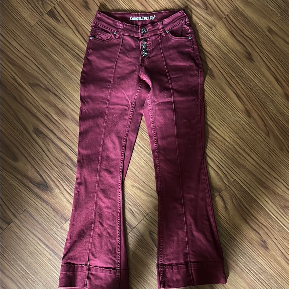 Cowgirl Tuff Burgundy Flare Wide Leg Jeans